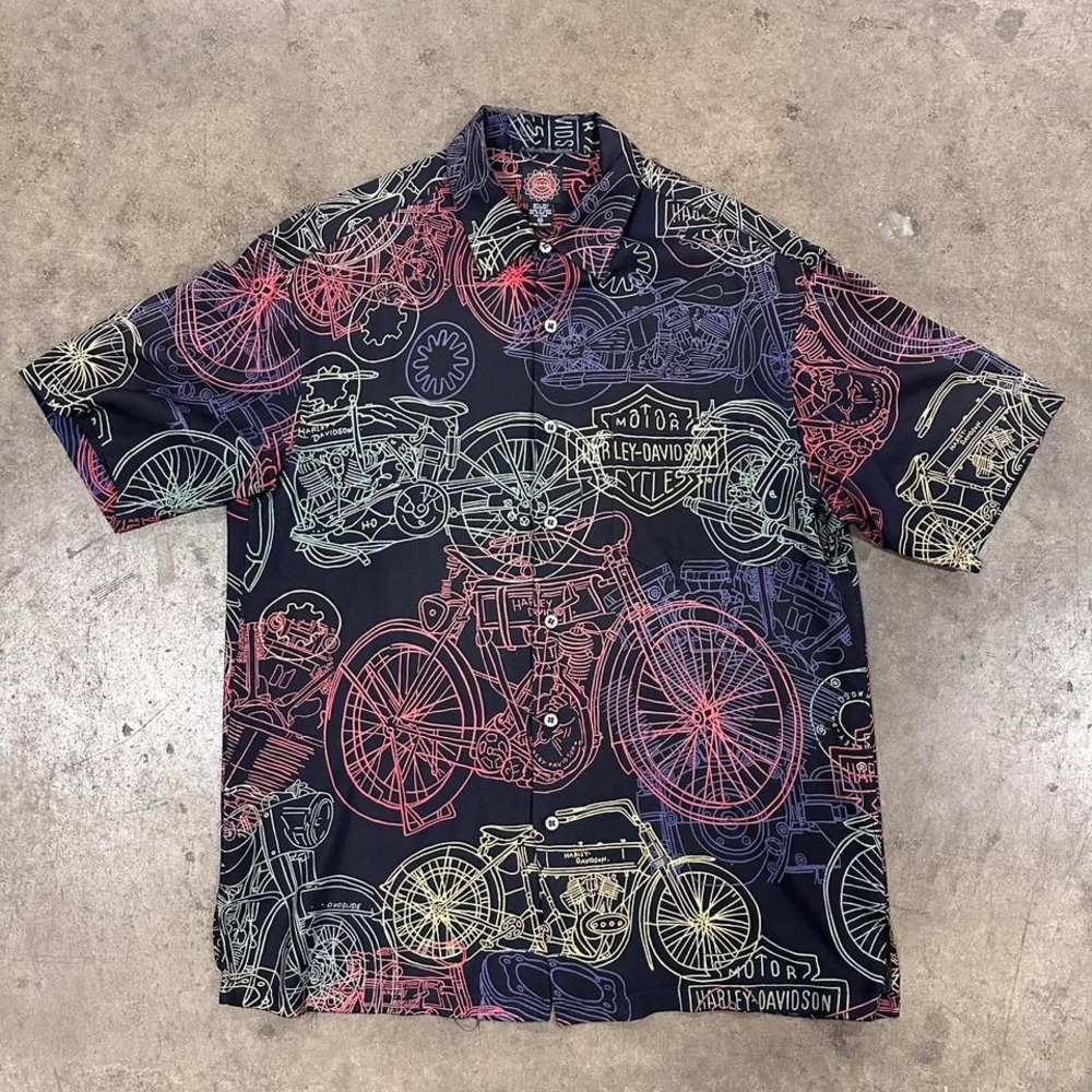 Men's Harley Davidson 100% Silk Button Down Shirt AOP Size Medium